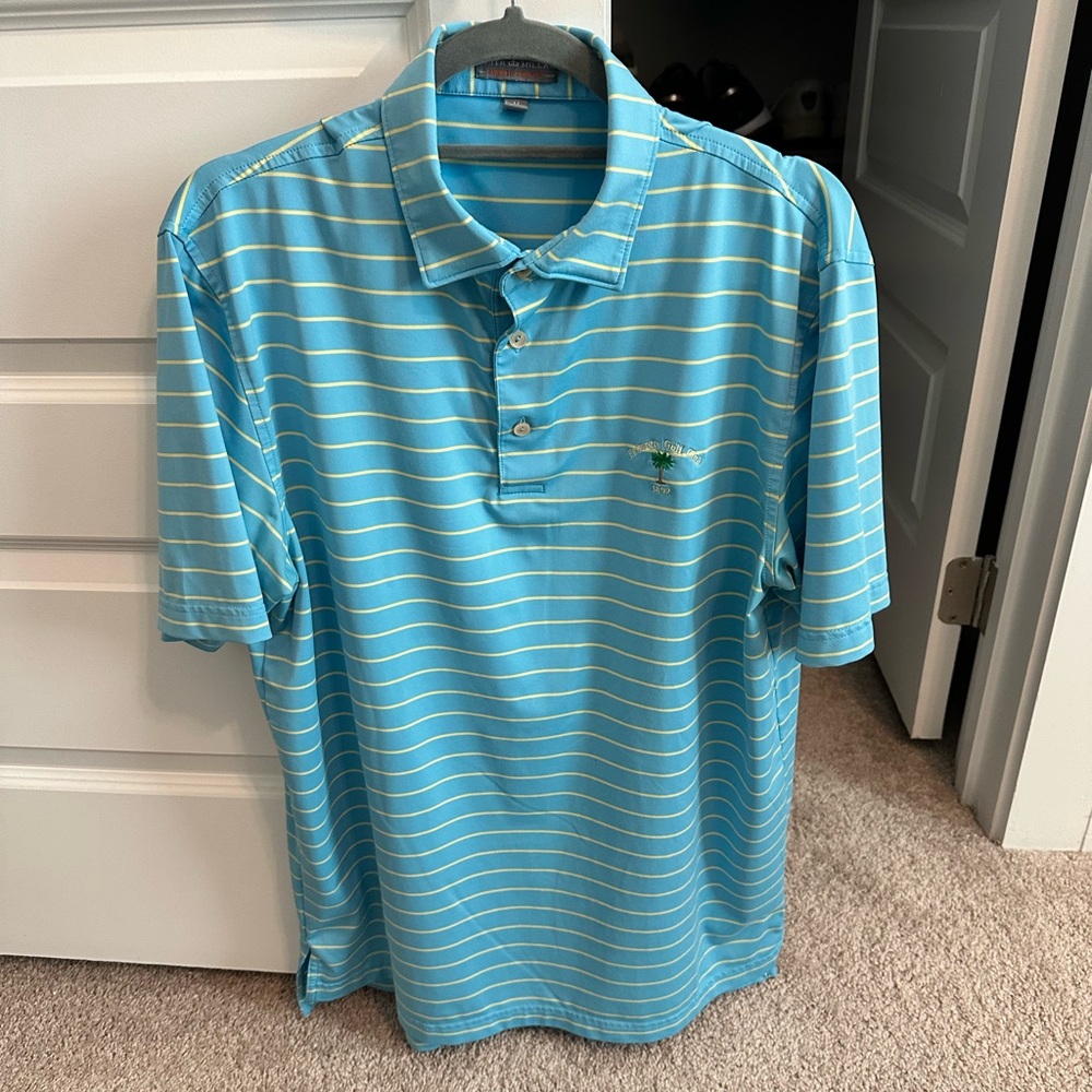 Peter Millar Light Blue and Yellow Striped Polo from Palmetto Golf Club